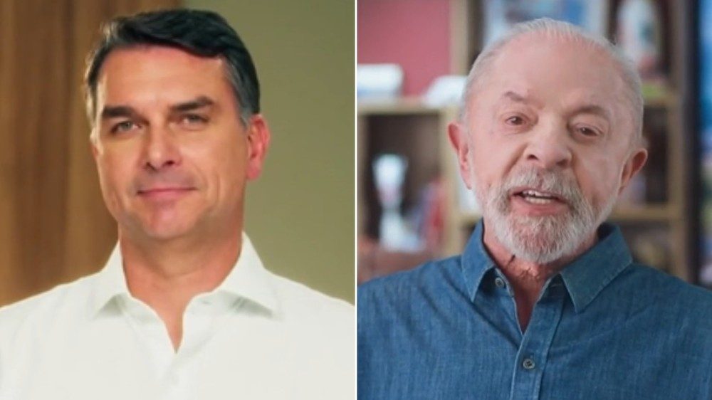 Flávio Bolsonaro (PL) e Lula (PT) durante o horário eleitoral gratuito dessa quarta-feira (21).