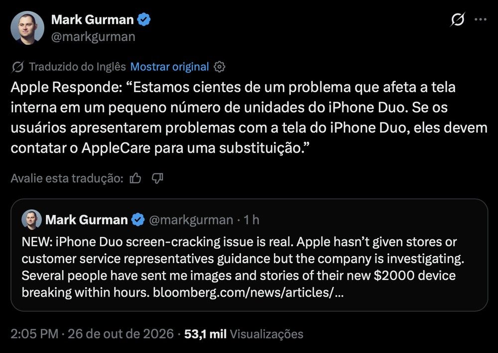 No X, Mark Gurman postou mensagem com a resposta da Apple