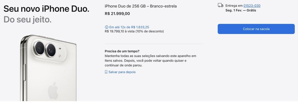 Tela do site da Apple mostrando entrega do iPhone Duo prevista para fevereiro de 2027 no Brasil