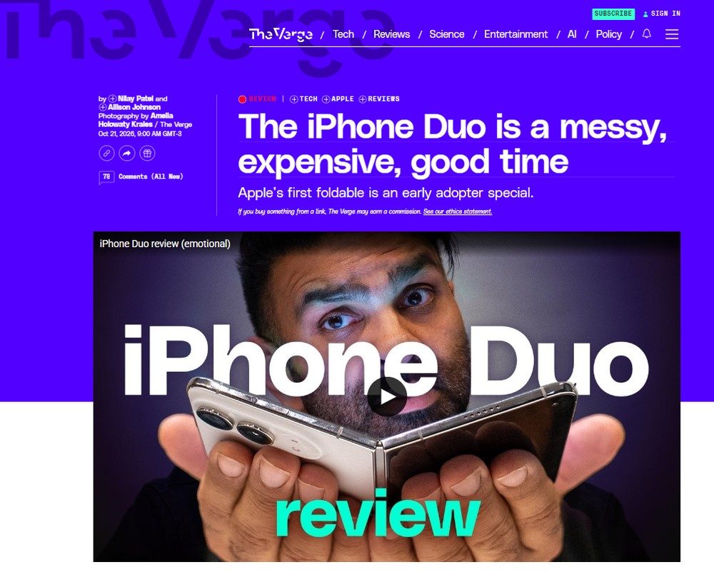 Tela do The Verge com o teste do iPhone Duo