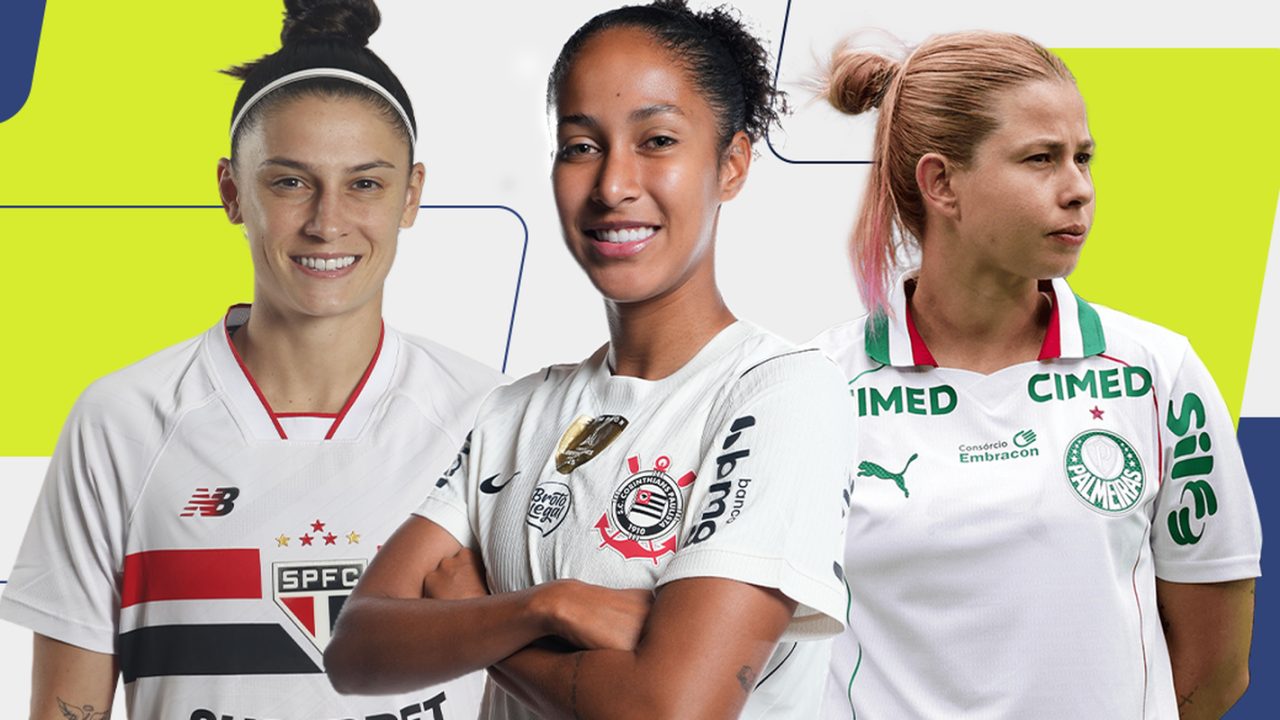 Jogadoras Bruna Calderan, Gi Fernandes e Fe Palermo em ação no futebol feminino