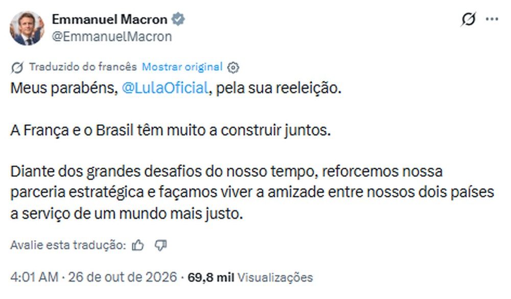 Emmanuel Macron parabeniza Lula.