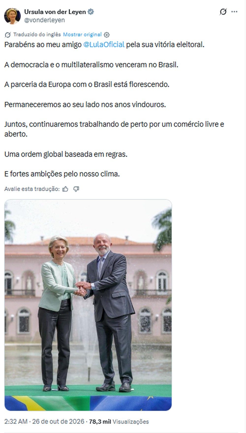 Ursula von der Leyen parabeniza Lula