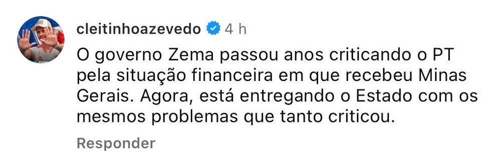 Em publicação de um veículo de imprensa sobre projeto do IPVA em MG, Cleitinho voltou a criticar a atual gestão do governo.