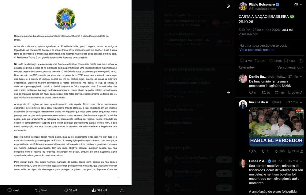Primeira versão da carta postada por Flávio em uma rede social se chamava de 'presidente eleito'