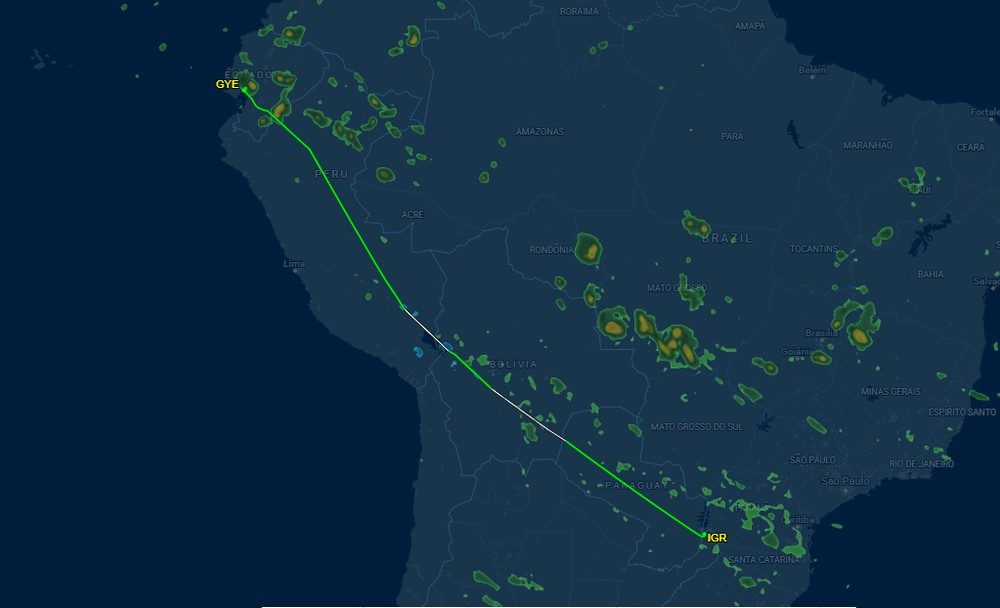 Rota de voo com Flávio Bolsonaro (PL) e família da Argentina ao Equador, em 27 de outubro de 2026.