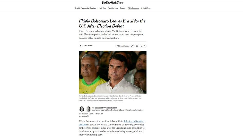 O New York Times destacou que a suposta assistência do governo americano na fuga de Flávio pode aumentar o atrito diplomático entre os países