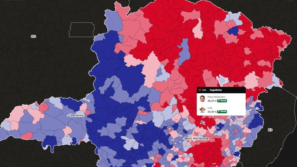Mapa do g1 mostra a da apuração para presidente em Capelinha, no Vale do Jequitinhonha