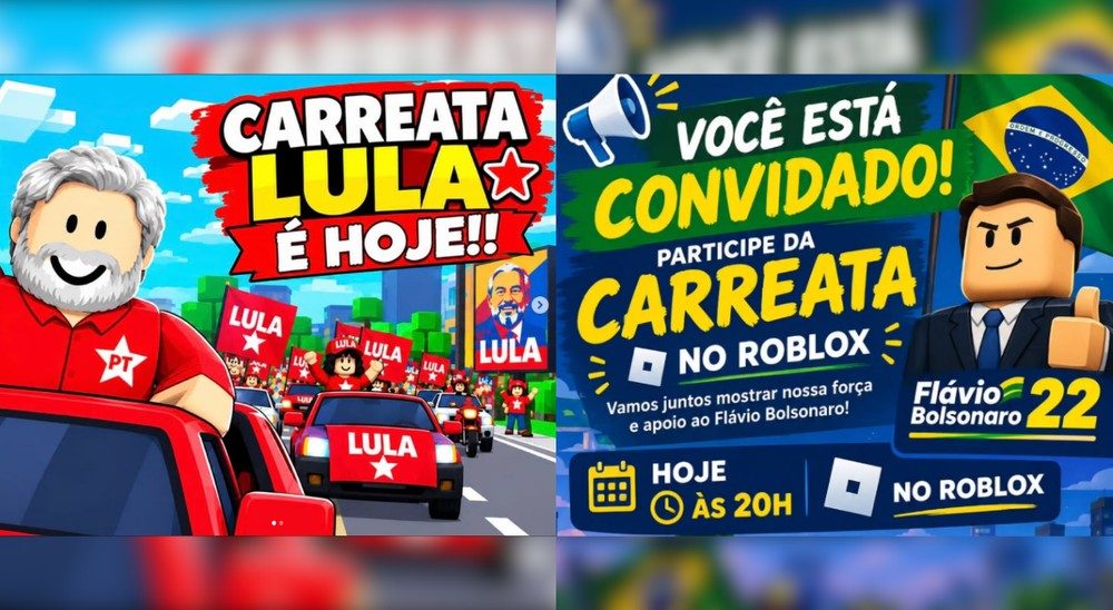 Manifestações e carreatas pró-Lula e pró-Flávio são organizadas no Roblox.