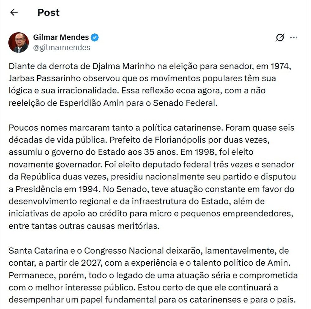 Gilmar Mendes faz postagem sobre derrota de Esperidião Amin ao Senado por SC