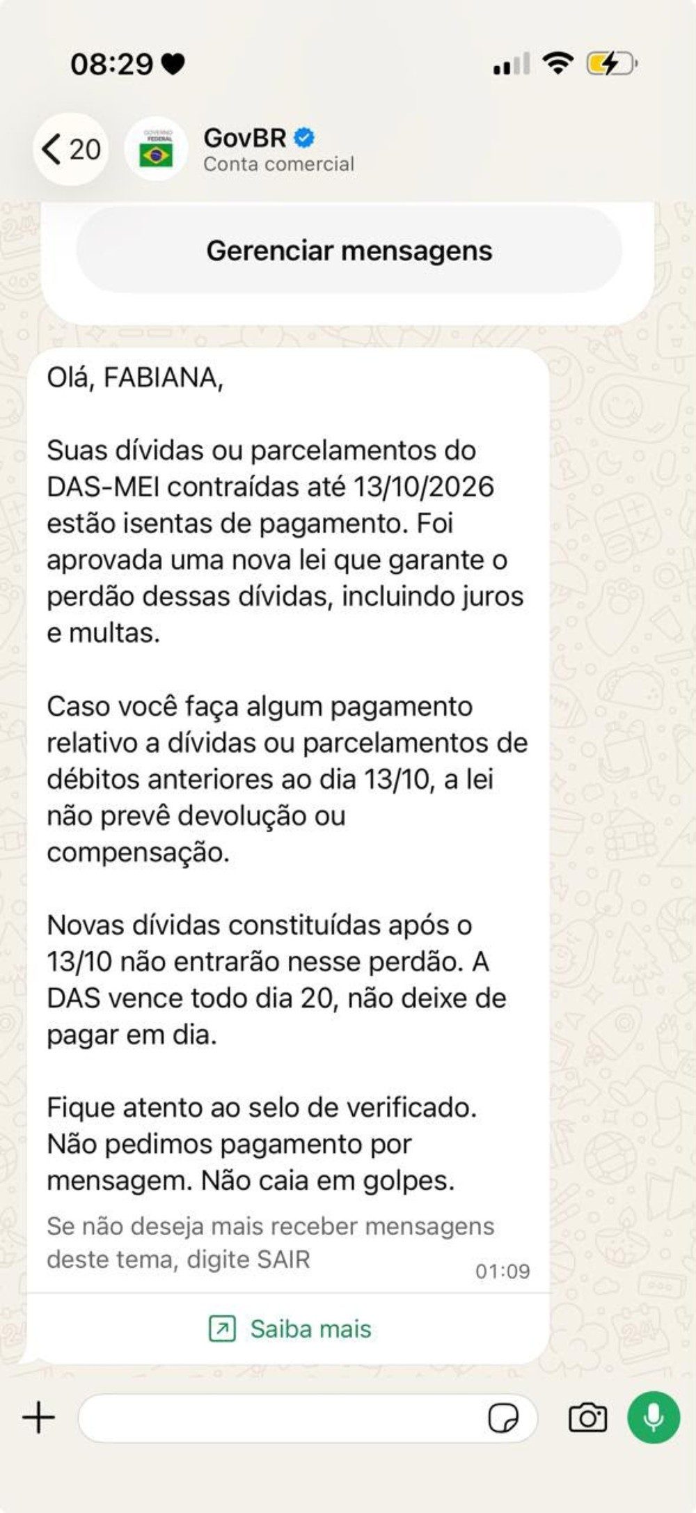 Mensagem recebida por MEI.