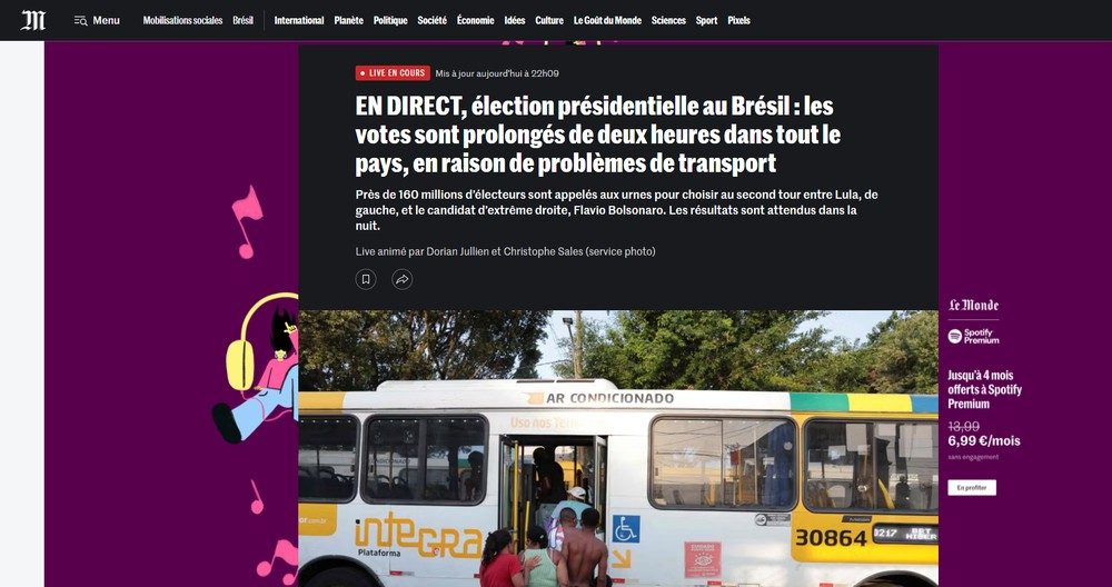 O jornal francês destacou que, apesar da interrupção da contagem, já se sabia o resultado parcial e inicial da votação,