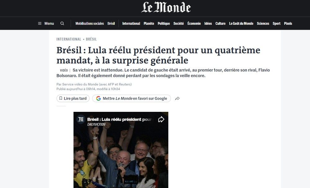 Reportagem do jornal Le Monde, da França, sobre a reeleição de Lula em 26 de outubro de 2026.
