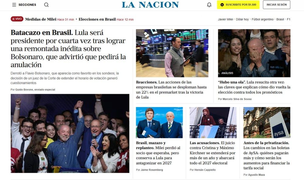 Reeleição do presidente Lula destacada na página inicial do jornal La Nación, da Argentina, em 26 de outubro de 2026.