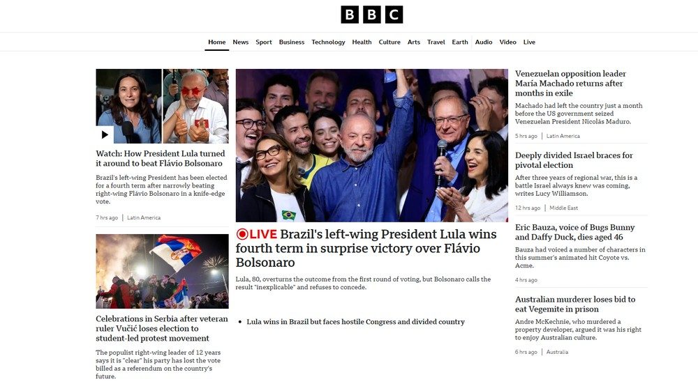 Reeleição do presidente Lula destacada na página inicial da rede britânica BBC em 26 de outubro de 2026.
