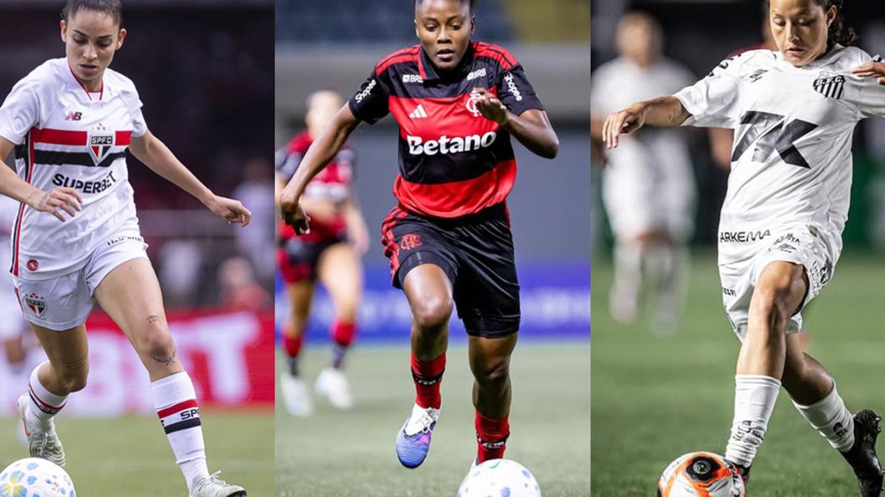 Jogadoras Kaylane, Evelin Bonifácio e Isa em ação no futebol feminino