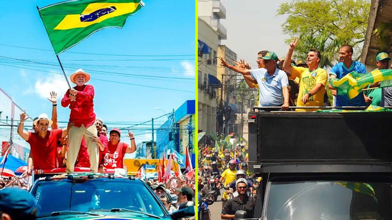 Lula discursando em comício lotado em Natal, enquanto Flávio Bolsonaro participa de moto-carreata em São Gonçalo, Rio de Janeiro
