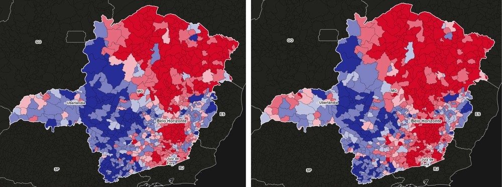 Montagem dos mapas de apuração de MG no primeiro e no segundo turno das eleições presidenciais de 2026