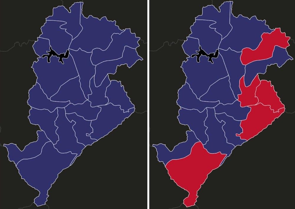 Montagem com mapas da apuração das eleições presidenciais em BH no primeiro e no segundo turno