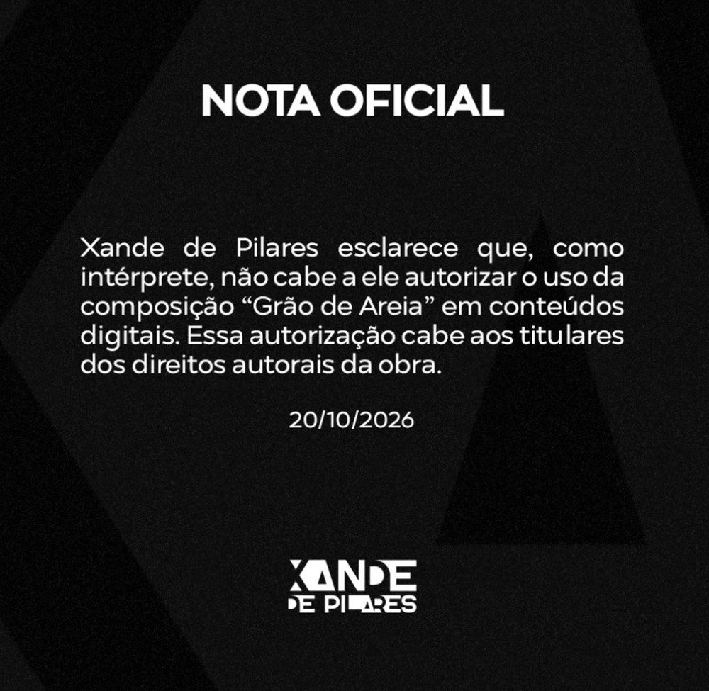 Nota publicada por Xande de Pilares sobre o uso da música “Grão de Areia” em conteúdos digitais.