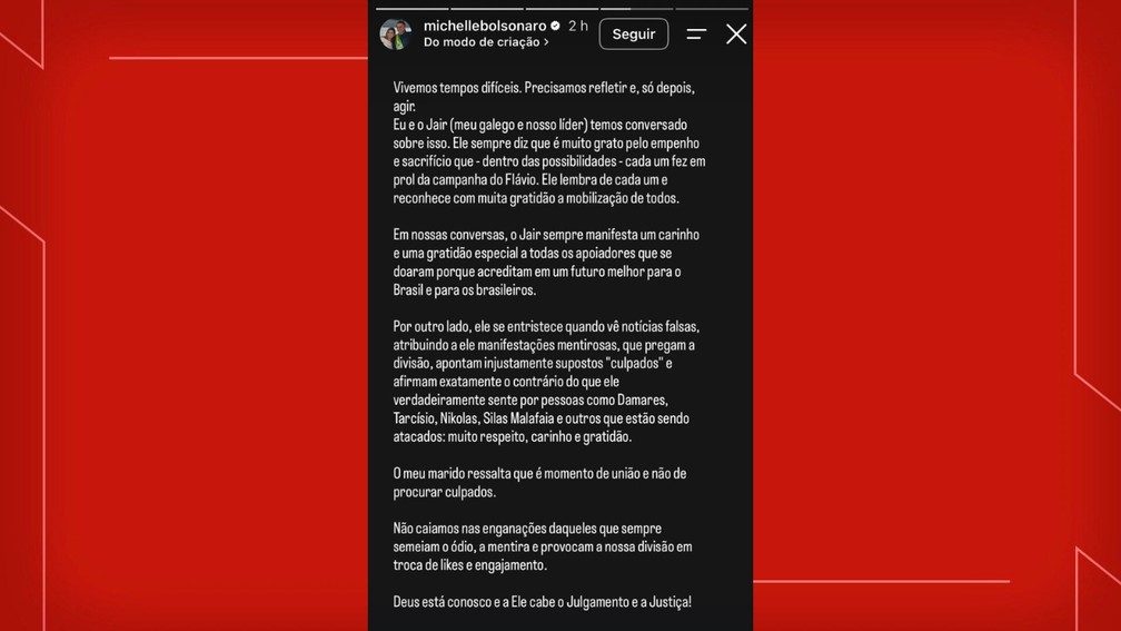 Michelle Bolsonaro publica agradecimento dela e de Jair Bolsonaro a políticos que trabalharam na campanha de Flávio para presidência