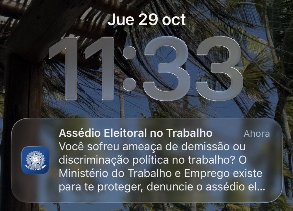 Print de mensagem do Ministério do Trabalho e Emprego (MTE) sobre assédio eleitoral