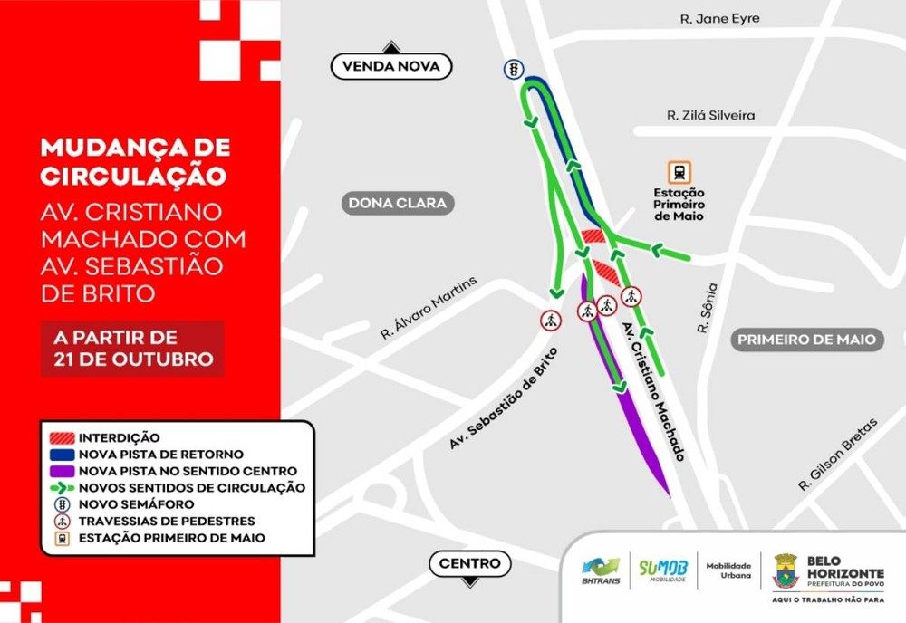 Mapa mostra que Avenida Cristiano Machado terá desvios e acessos interditados a partir desta quarta em BH