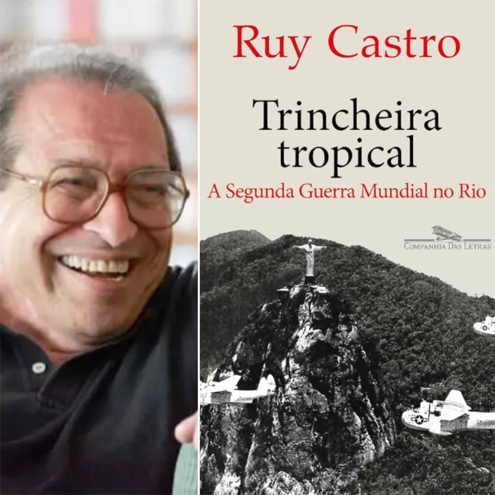Ruy Castro e a capa de “Trincheira Tropical”, vencedor do Livro do Ano no Jabuti 2026.