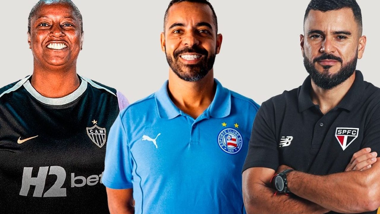 Treinadores Thiago Viana, Felipe Freitas e Fabi Guedes em ação no futebol feminino brasileiro