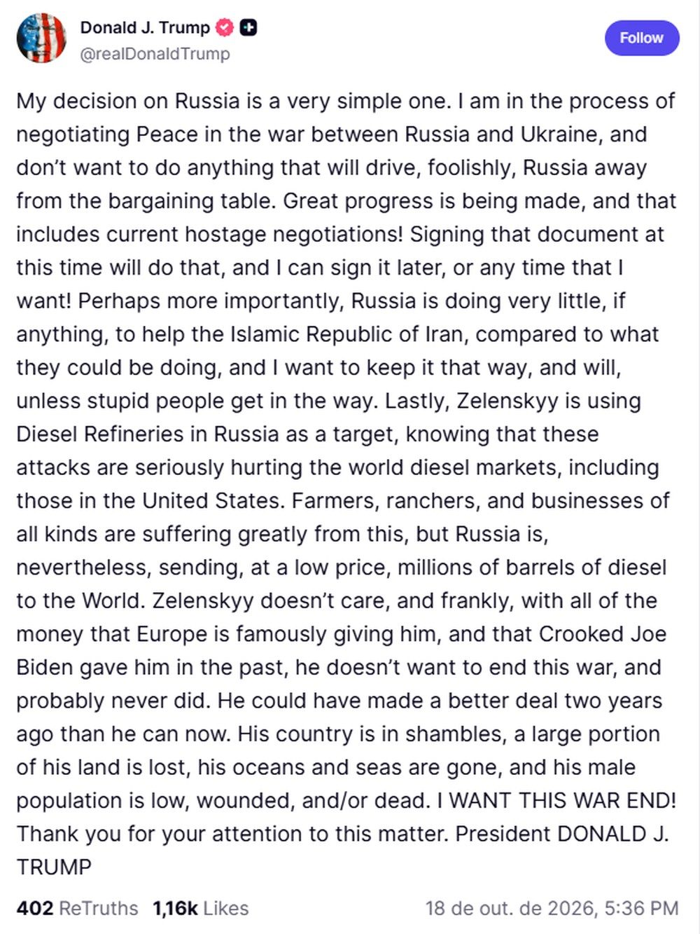 Trump publicou nas redes sociais uma justificativa para sua decisão sobre as sanções à Rússia.
