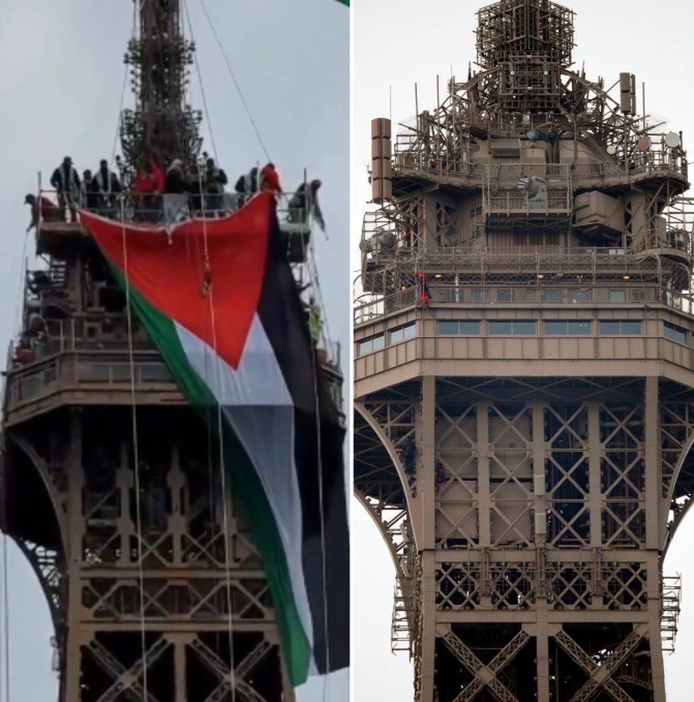 Topo da Torre Eiffel em vídeo de IA (à esq.) e