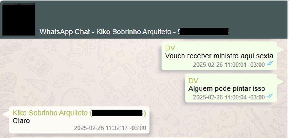 Mensagem de Vorcaro para seu amigo e arquiteto informando que ia receber 'ministro' em São Paulo na sexta seguinte.